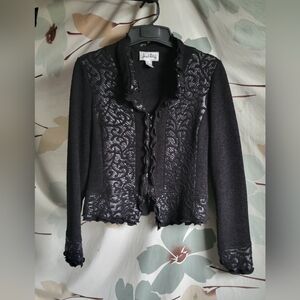 Joseph Ribkoff Black Curled Trim Velor Zip-up Jacket Size 10 Vintage